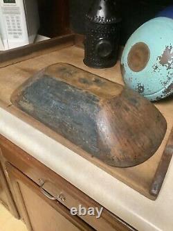 Early 19th century wood dough bowl trencher original blue paint from Maine