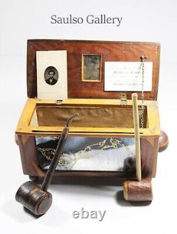 Early Folk art wooden box with items from prominent estate collection