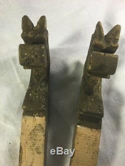 Early Folkart Pair Horse Head Wood Finials from Old Cutter Sleigh Hand Carved