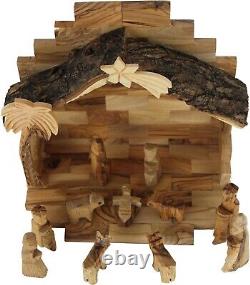 Elegant Olive Wood Nativity Set Hand-Carved Figures from Bethlehem, 8x7.375