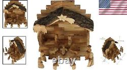 Elegant Olive Wood Nativity Set Hand-Carved Figures from Bethlehem, 8x7.375