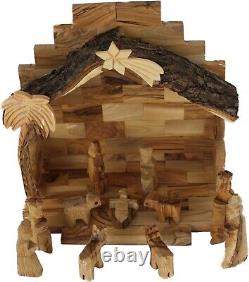 Elegant Olive Wood Nativity Set Hand-Carved Figures from Bethlehem, 8x7.375