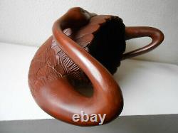Extra Large SWAN Pair Wood Basket Carved From One Piece Twin Head & Neck Bowl