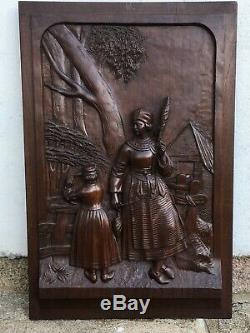 French Antique Hand Carved Panel in Solid Chestnut Wood from Brittany