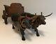 Gorgeous Antique Primitive Folk Art Hand Carved Wood Oxen And Cart From Vermont