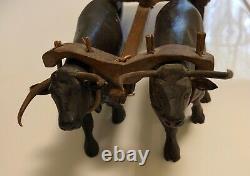Gorgeous Antique Primitive Folk Art Hand Carved Wood Oxen and Cart from Vermont