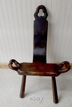 Hand Hewn Antique Midwife Birthing Stool or Chair, Carved Shamrock Motifs