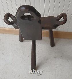 Hand Hewn Antique Midwife Birthing Stool or Chair, Carved Shamrock Motifs