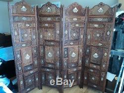 Hand carved vintage wood screen from India inlaid with bone and brass wire circa