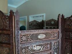 Hand carved vintage wood screen from India inlaid with bone and brass wire circa