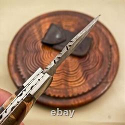 Handmade Damascus Steel Folding Knife with Wooden Handle, Ships from USA