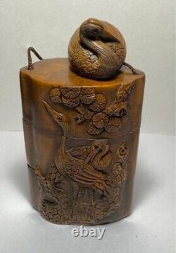 Inro Netsuke Crane Japanese Boxwood Carved Antique Wooden from Japan