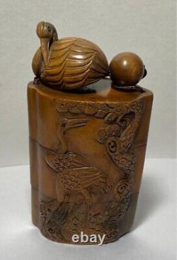 Inro Netsuke Crane Japanese Boxwood Carved Antique Wooden from Japan