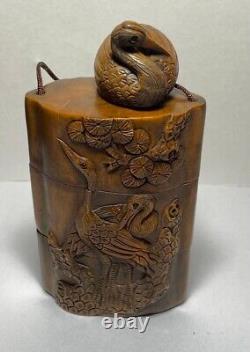 Inro Netsuke Crane Japanese Boxwood Carved Antique Wooden from Japan