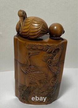 Inro Netsuke Crane Japanese Boxwood Carved Antique Wooden from Japan