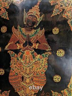 Lacquer on Wood Panel from Myanmar (Burma) Signed Vintage Mid 20th C 20x15 in