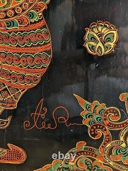 Lacquer on Wood Panel from Myanmar (Burma) Signed Vintage Mid 20th C 20x15 in