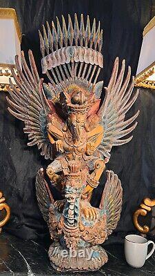 Large 19th Century Multicolor Carved & Painted Wood Statue of Garuda From Temple