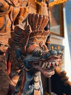 Large 19th Century Multicolor Carved & Painted Wood Statue of Garuda From Temple