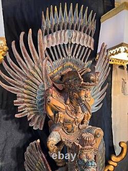 Large 19th Century Multicolor Carved & Painted Wood Statue of Garuda From Temple