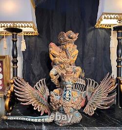 Large 19th Century Multicolor Carved & Painted Wood Statue of Garuda From Temple