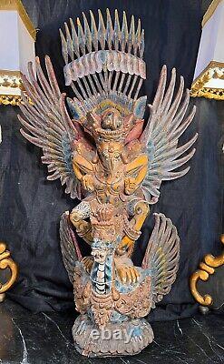 Large 19th Century Multicolor Carved & Painted Wood Statue of Garuda From Temple