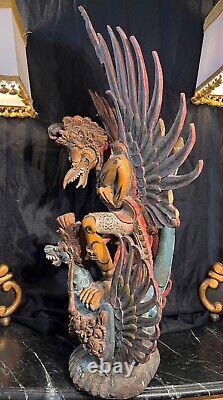 Large 19th Century Multicolor Carved & Painted Wood Statue of Garuda From Temple