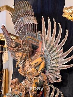 Large 19th Century Multicolor Carved & Painted Wood Statue of Garuda From Temple