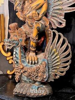 Large 19th Century Multicolor Carved & Painted Wood Statue of Garuda From Temple