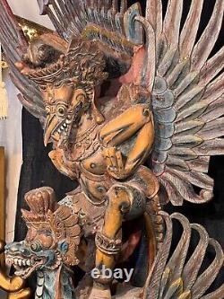 Large 19th Century Multicolor Carved & Painted Wood Statue of Garuda From Temple