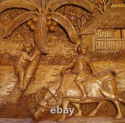 Large old high relief wood sculpture from the Philippines, coconut agriculture