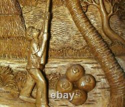Large old high relief wood sculpture from the Philippines, coconut agriculture
