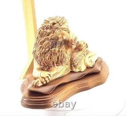 Lion with Lamb Carved Sculpture, 11.6 Olive Wood from Holy Land