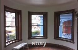 Lot of 9 solid oak turret windows from Victorian house curved glass 1903 salvage