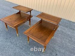 Mid Century Modern pair two-tier walnut tables by Lane from the Copenhagen line