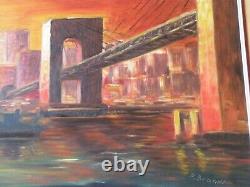 Mid Century Oil painting skyline Signed P. Brandt from Europe with Wood Frame