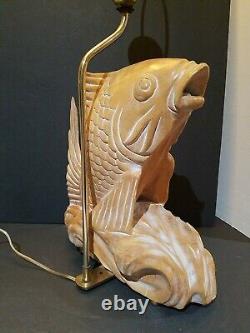 Mid century Carved Wood Koi Fish Lamp. Made from one block. Fish 13.5 lamp 26.5