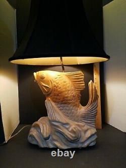 Mid century Carved Wood Koi Fish Lamp. Made from one block. Fish 13.5 lamp 26.5