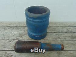 Mortar & Pestle Set from Lignum Vitae with One Old Coat Blue Paint 6 LB 2.2 OZ
