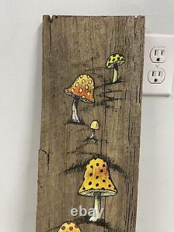 Mushroom Painting on Old Barn Wood Barnie Slice Signed-1971 From Collectors Est