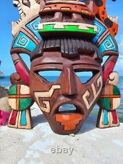 Mysterious Mayan Mask Ix Chel Carved Wood Wall Art from Yucatan, Mexico 16