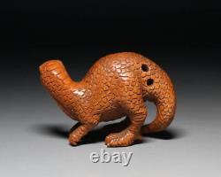 Netsuke Dinosaur Lucky Gods Yellow Yang Wood Carving from Japanese antique #227