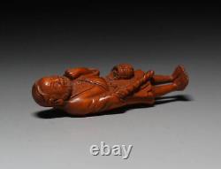 Netsuke Fisherman Yellow Yang Wood Carving from Japanese antiques #286