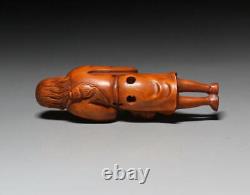 Netsuke Fisherman Yellow Yang Wood Carving from Japanese antiques #286