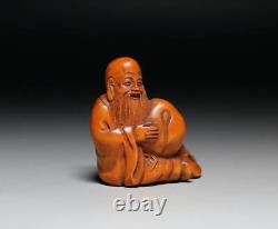 Netsuke Jurojin Yellow Yang Wood Carving from Japanese antiques #730