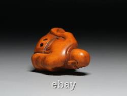 Netsuke Jurojin Yellow Yang Wood Carving from Japanese antiques #730