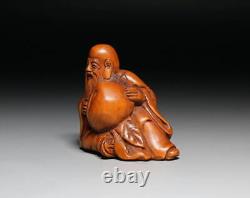 Netsuke Jurojin Yellow Yang Wood Carving from Japanese antiques #730