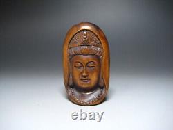 Netsuke Kannon Yellow Yang Wood Carving from Japanese antiques #201