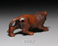 Netsuke Lion Yellow Yang Wood Carving from Japanese antiques #232