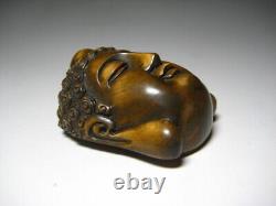 Netsuke Mask/Kannon Yellow Yang Wood Carving from Japanese antiques #202